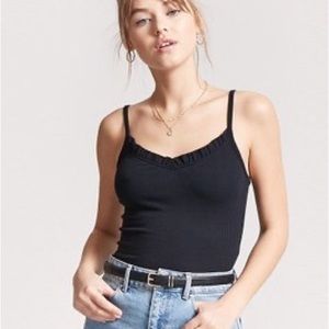 Black Cotton Ribbed Ruffle Trim Tank M